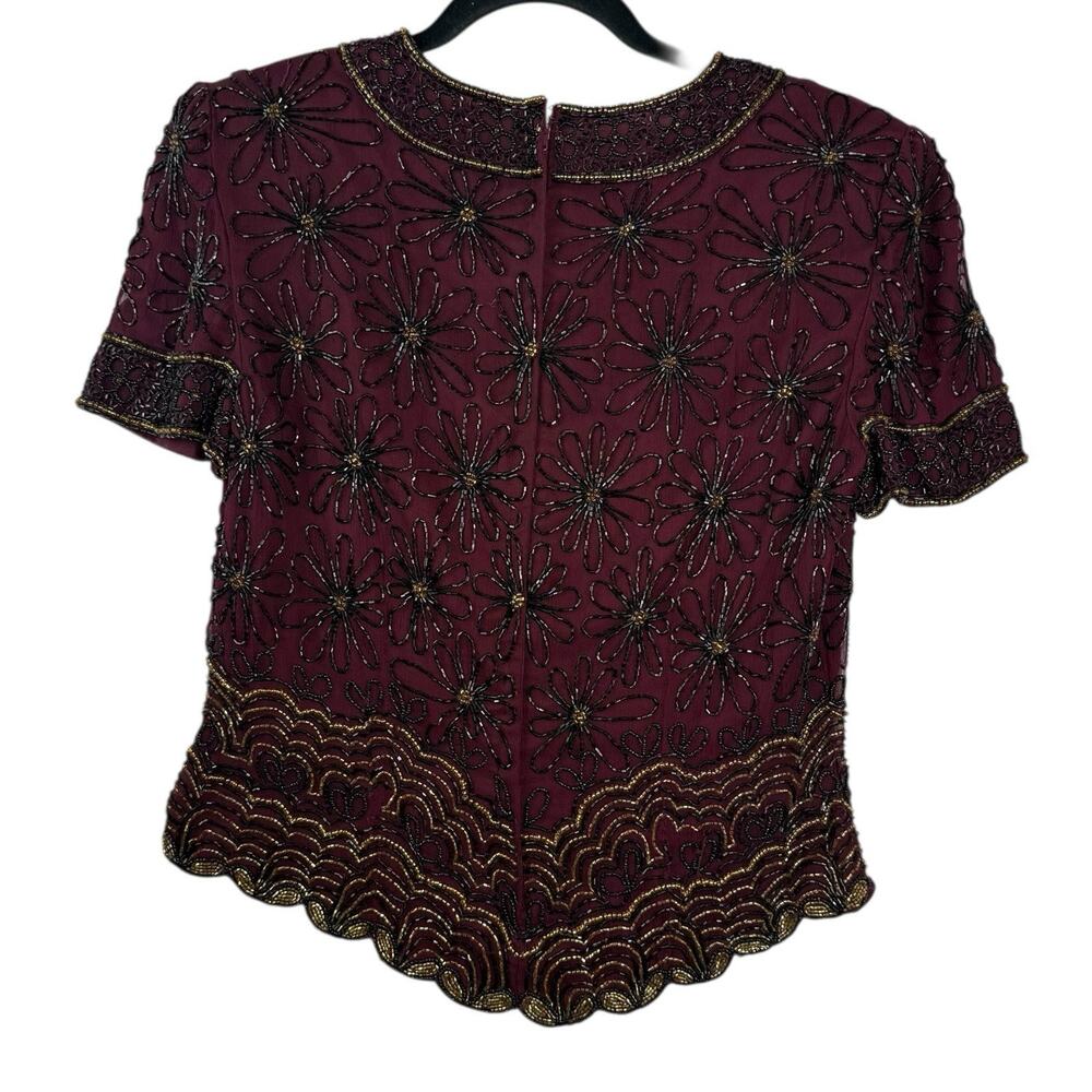 VTG‎ Papell Boutique Burgundy Silk Beaded Blouse Floral Formal Evening Top Sz S - Picture 4 of 9
